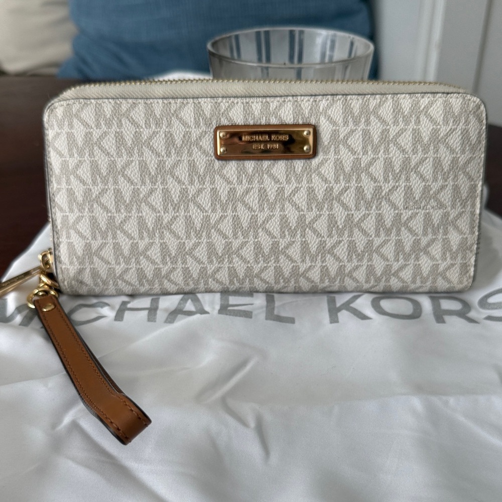 Michael Kors Cream Monogram Zip-Around Wristlet Wallet